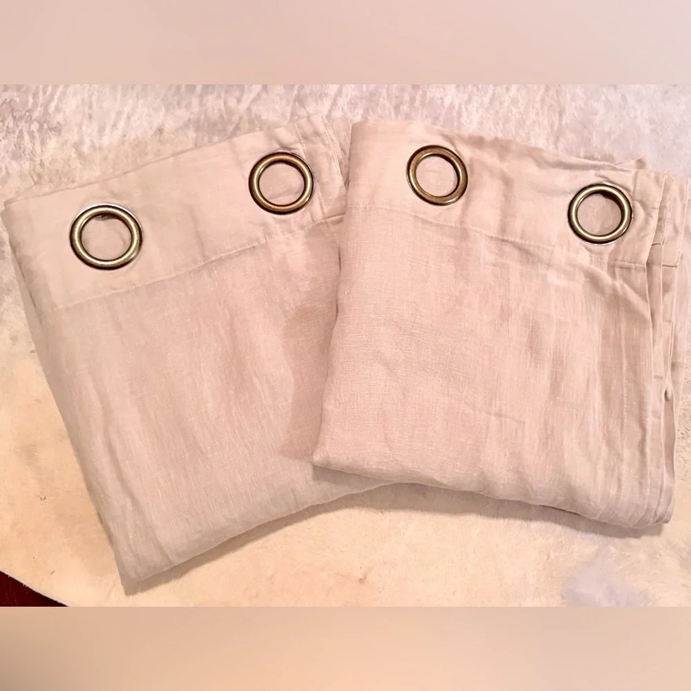 Pair of 2 Beige Khaki 100% Linen Curtain Panels w Grommet Rings 102”